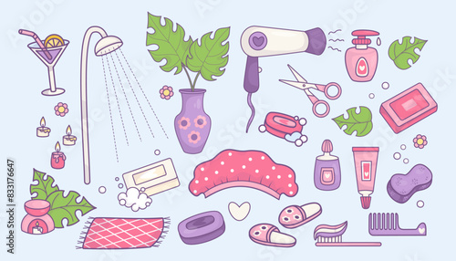 Shower cosmetics set. Personal hygiene products: cream, soap, shower cap, washcloth, comb, toothbrush with toothpaste, aroma lamp with candles, shower, slippers and dryer. Isolated Vector elements.