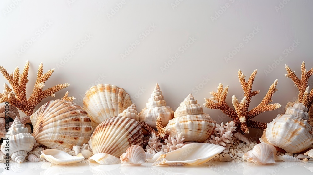 Obraz premium Seashell Serenity A minimalist layout of seashells and coral on a white background, evoking a sense of beachside calm and relaxation