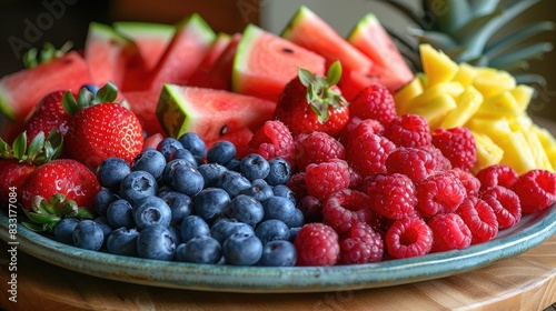 Summer Fruit Extravaganza A vibrant summer fruit platter overflowing with watermelon  pineapple  strawberries  raspberries  and blueberries  inviting you to savor the freshest flavors of the season