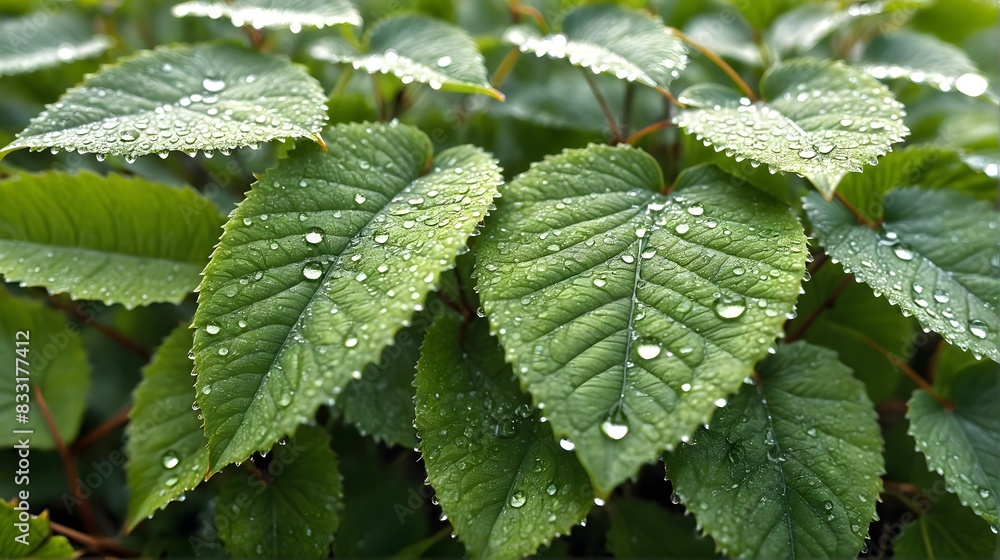 Macro Photo of Water Droplets on Vibrant Green Leaves. Nature. Plant. Closeup. Leaf. Flora. Macro Photo of Water Droplets on Vibrant Green Leaves. Nature. Plant. Closeup. Leaf. Flora.