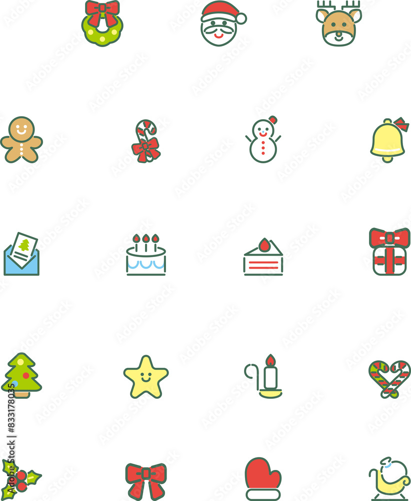 Fototapeta premium クリスマス アイコン ピクトグラム あしらい 絵文字 シンプル 線 かわいい ミニイラスト素材セット