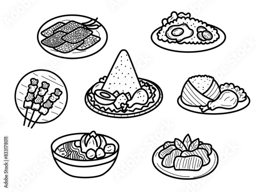 Set of Indonesian foods doodle illustration on a white background