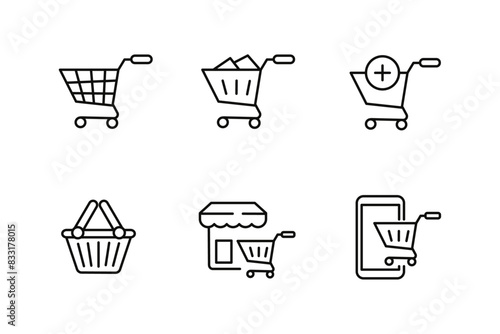 Set of shopping cart icons with black line style on a white background