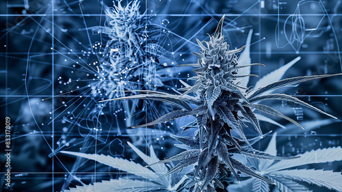 Innovative biotechnology and pharmacology research represented by a modern twist on a digital composite of a cannabis plant with scientific data visualization