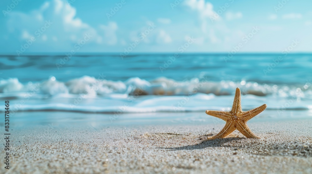 Starfish resting on sandy shore by the ocean room for text Starfish resting on sandy shore by the ocean room for text
