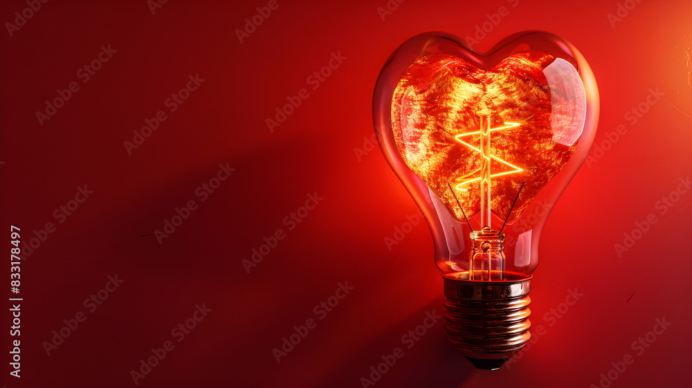 Light bulb with a heart shape glowing filament on a red background Light bulb with a heart shape glowing filament on a red background