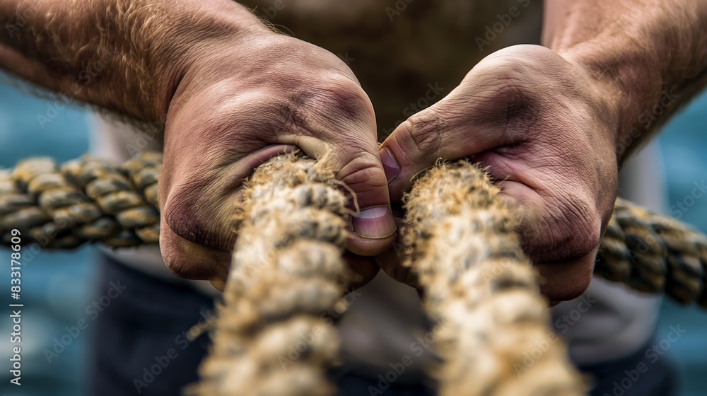 A close-up of a strong hand gripping a rope during a tug-of-war A close-up of a strong hand gripping a rope during a tug-of-war