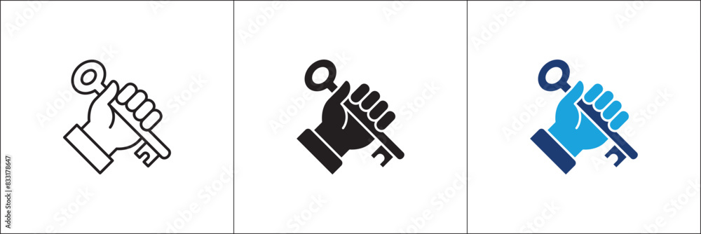 Fototapeta premium Hand holding key icon. Key of success icons. Real estate symbol. Business icon. Vector stock illustration. Isolated on white background. Vector logo design template