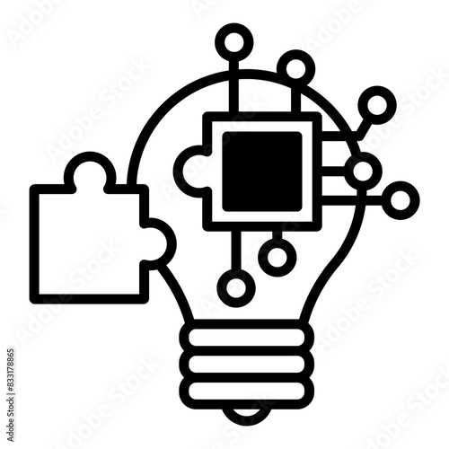 An icon representing a failure to adapt to new technology. There is a circuit coming out of the light bulb. It does not fit with the surrounding puzzle pieces.