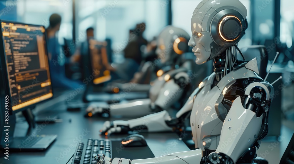Robot working at computer among people. Maschine typing on keyboard in office. IT team of future. Futuristic worker. Humanoid work at call center. Support job. Selling concept. Generative Ai Robot working at computer among people. Maschine typing on keyboard in office. IT team of future. Futuristic worker. Humanoid work at call center. Support job. Selling concept. Generative Ai