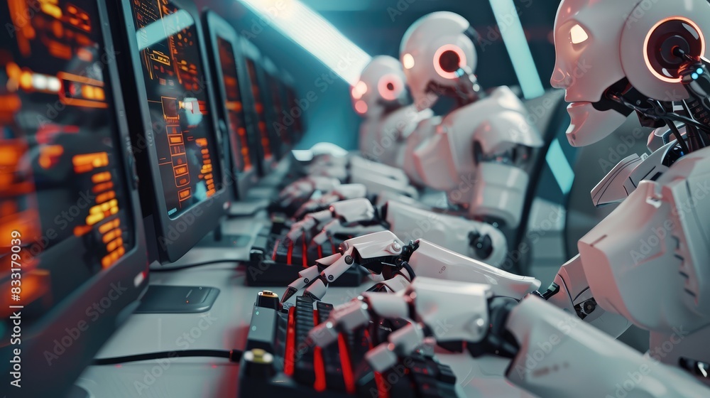 Robot working at computer among people. Maschine typing on keyboard in office. IT team of future. Futuristic worker. Humanoid work at call center. Support job. Selling concept. Generative Ai Robot working at computer among people. Maschine typing on keyboard in office. IT team of future. Futuristic worker. Humanoid work at call center. Support job. Selling concept. Generative Ai