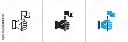 Hand holding flag icon. Success and goal icons. Achievement symbol. Business icon. Vector stock illustration. Isolated on white background. Vector logo design template