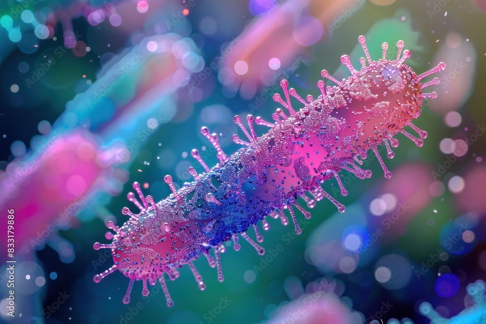 Bacteria and viruses under a microscope in a lab, vibrant blur in the background, showcasing microbiological investigation Bacteria and viruses under a microscope in a lab, vibrant blur in the background, showcasing microbiological investigation
