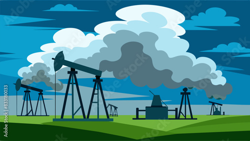 The gray clouds of exhaust from the oil pump jacks mingle with the blue sky above a striking contrast against the green grass of the expansive field.. Vector illustration