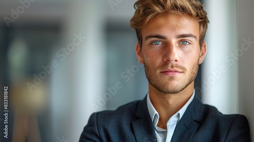 Business portrait of a young man with a neutral expression, copy space