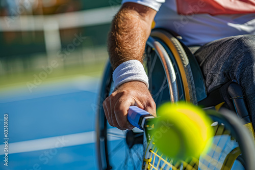 Close-up of a man in wheelchair playing tennis