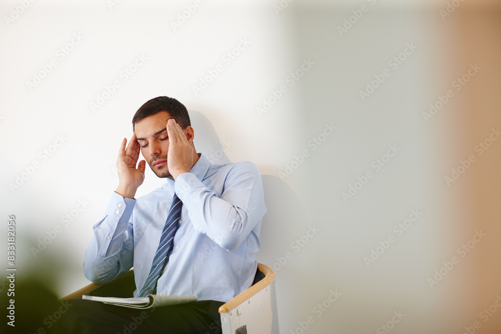 Businessman, headache and stress in waiting room for job, meeting and appointment in office. Accountant, mental health and overworked for financial career, economy and stock market with mockup