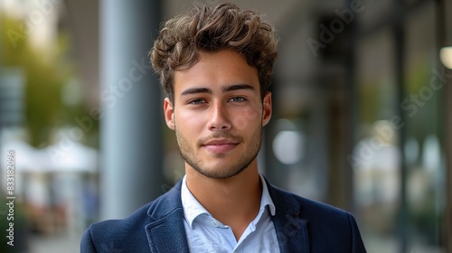 Business portrait of a young man with a neutral expression, copy space