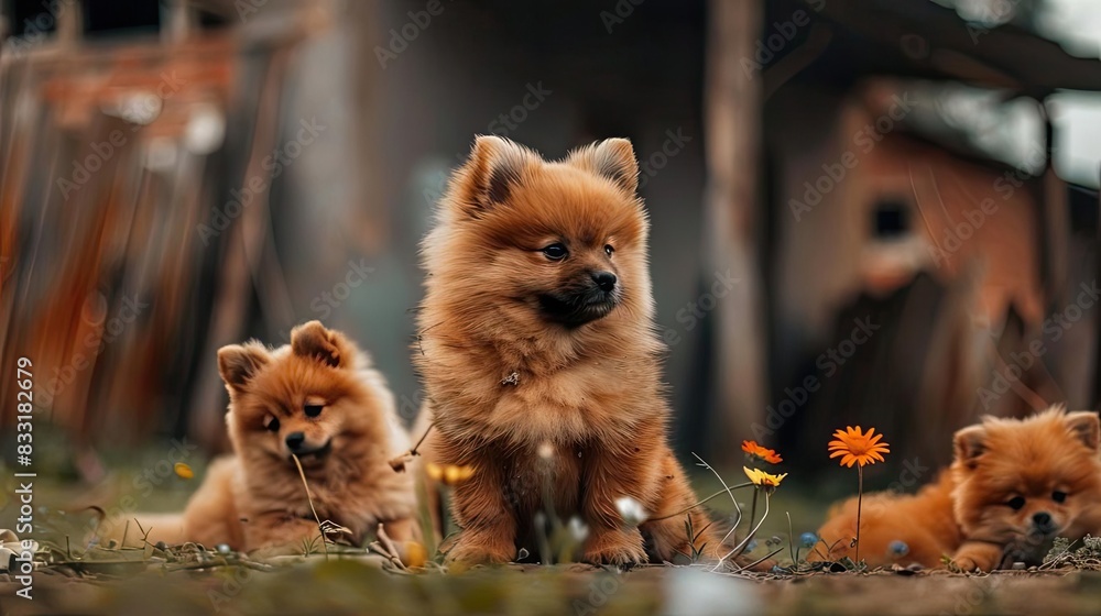 Three adorable Pomeranian puppies sitting on grass with flowers ...