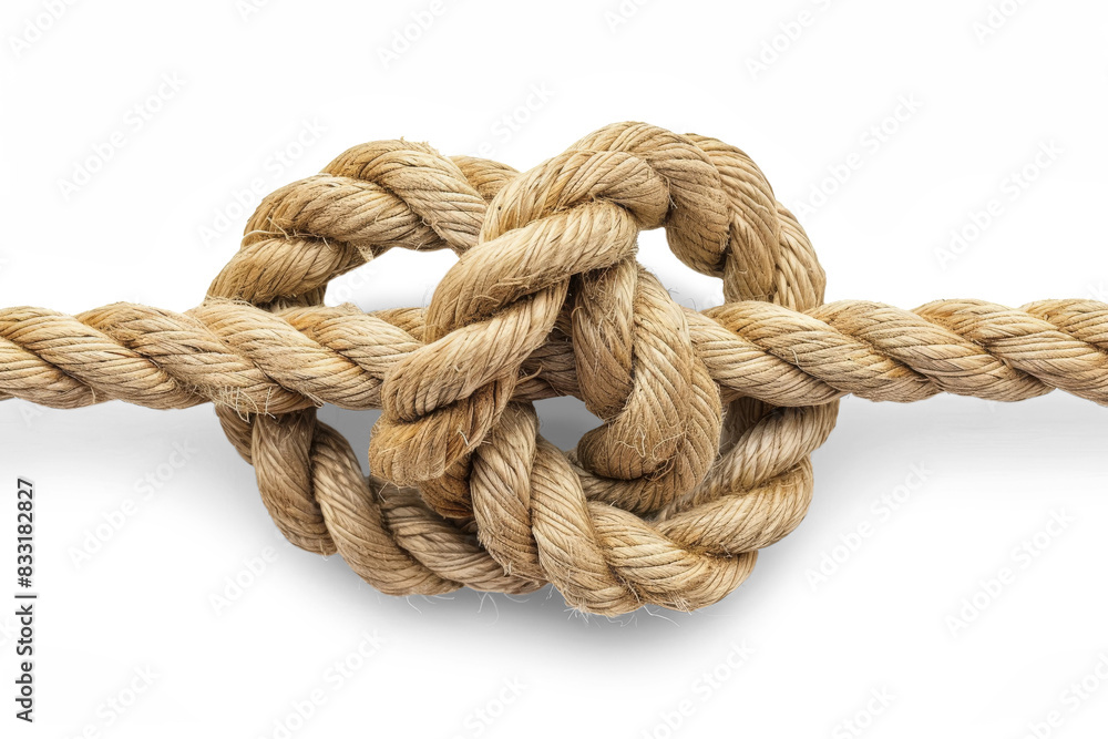 A rope is tied with a knot isolated from the white background A rope is tied with a knot isolated from the white background