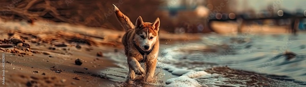 Energetic Husky dog running along the beach shore with waves splashing, enjoying a scenic coastal adventure at sunset. Energetic Husky dog running along the beach shore with waves splashing, enjoying a scenic coastal adventure at sunset.