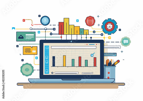 Professional Software Project Management: Gantt Chart on Laptop for Resource Allocation, Budget Planning, and Delivery Deadline Tracking - Minimalist Vector Illustration