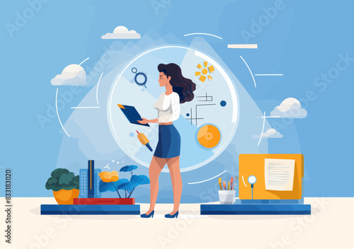 Minimalist vector illustration - Businesswoman with pencil holding project plan, schedule showing strategy for product development, resource management to achieve goals