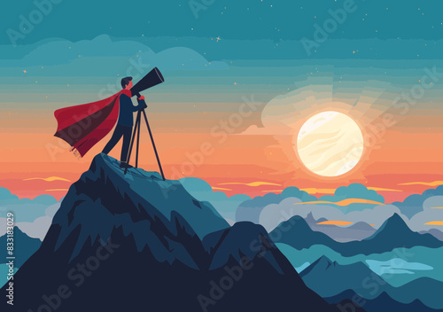 Businessman Searching for Success, Leadership Vision - Journey to Career Goals, Discovering New Opportunities through Telescope on Mountain Peak