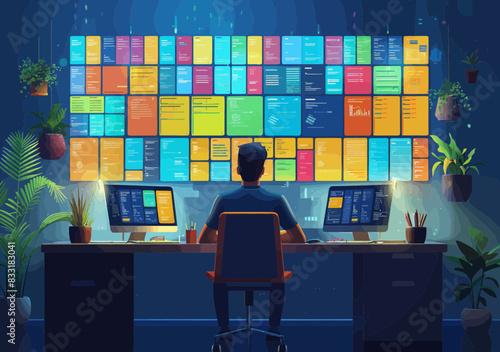 Stylized Businessman Managing Multiple Project Dashboards - Project Management, Task Scheduling, Resource Allocation, Strategic Planning Illustration