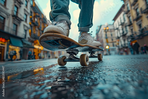 close-up of a teenager's legs on a skateboard