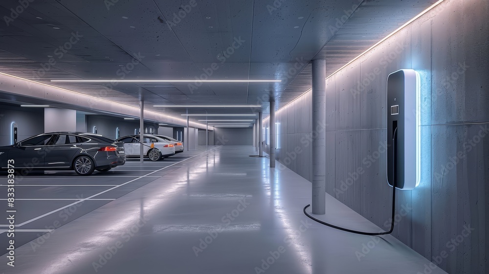 A row of electric car charging stations are lined up in a parking garage A row of electric car charging stations are lined up in a parking garage
