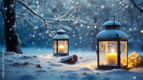 Winter background with tree branches covered in snow and decorated with candle lights © Zeeedoctmazz