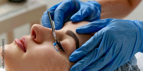 Beauty Concept, a close-up photo of the face and neck, shows an attractive woman receiving hyaluronic acid treatment at a beauty salon. The patient lay on a white table with his eyes closed. She wore 