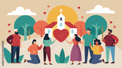 Witnessing the transformation of hearts and minds as the church members pray for the communitys salvation and healing.. Vector illustration