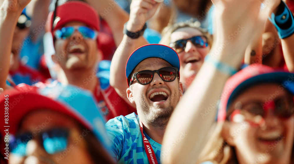 Fototapeta premium Sport fans very emotional cheering for their team at the stadium surrounded by other fans dressed in red and blue