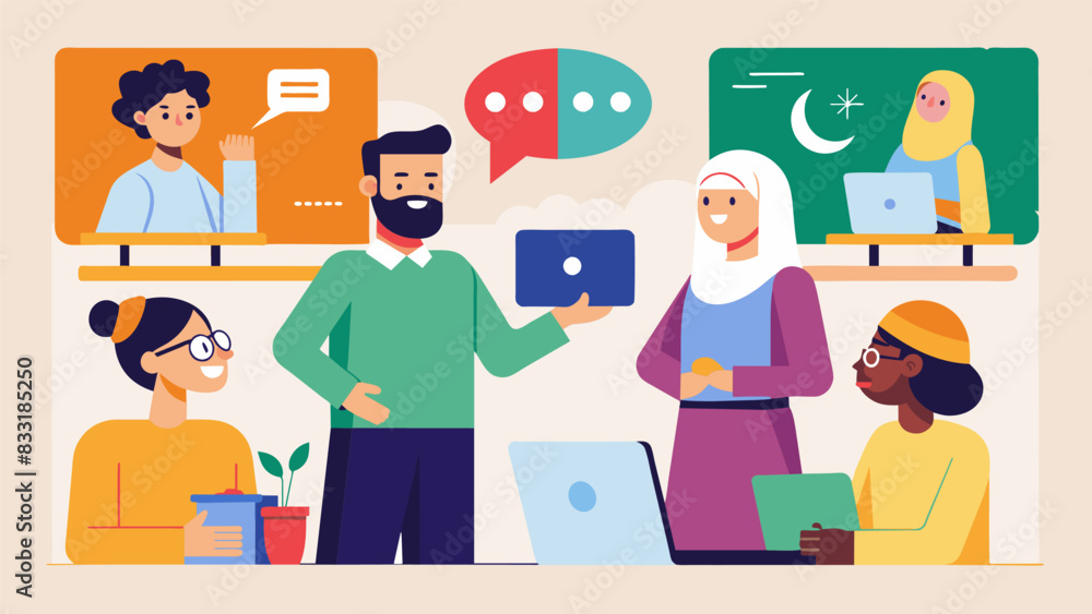 Interactive workshops on language and communication allowing visitors to learn basic phrases from different cultures.. Vector illustration Interactive workshops on language and communication allowing visitors to learn basic phrases from different cultures.. Vector illustration