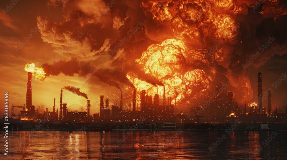 Apocalyptic vision of a fiery explosion at an oil refinery