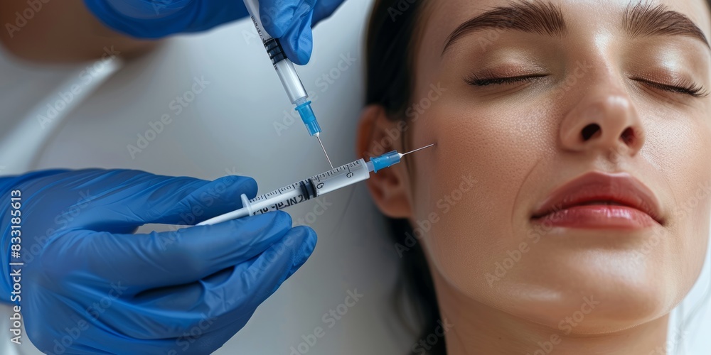 Beauty Concept, a close-up photo of the face and neck, shows an attractive woman receiving hyaluronic acid treatment at a beauty salon. The patient lay on a white table with his eyes closed. She wore Beauty Concept, a close-up photo of the face and neck, shows an attractive woman receiving hyaluronic acid treatment at a beauty salon. The patient lay on a white table with his eyes closed. She wore