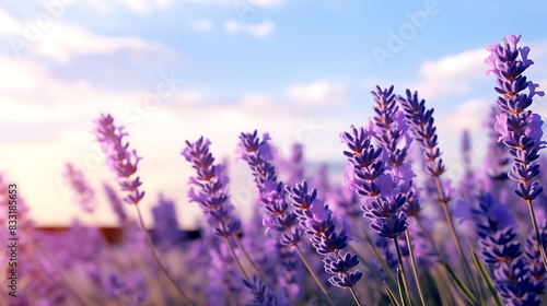 Lavender flowers close-up on sky background