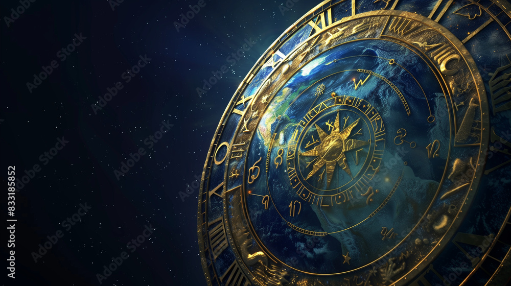 Planet Earth surrounded by zodiac symbols and astrology symbols. These mystical symbols surround our planet, creating a mysterious and magical atmosphere.