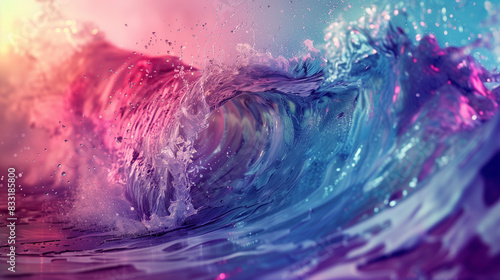 A wave of water that shimmers in a variety of rainbow colors. Its shape and intense colors make it look like something straight from a fairy tale land, attracting attention and arousing admiration. photo