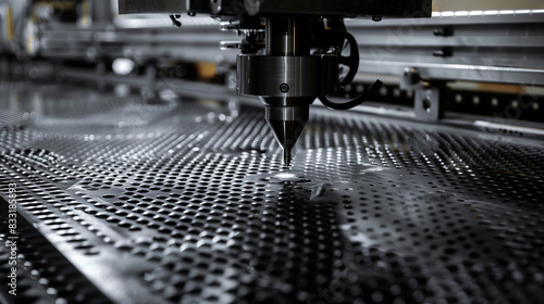 An automatic machine that makes precise indentations in a metal plate. Each movement is carefully programmed to achieve uniform patterns and perfect symmetry. photo