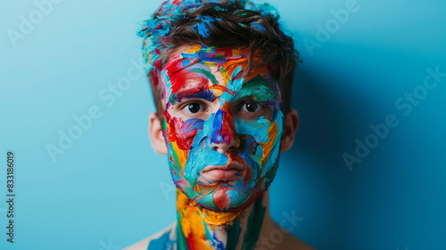 A young man with artistic, multi-colored facial makeup posing in front of a blue background. His facial expression exudes creativity and individuality, highlighting his unique artistic identity.