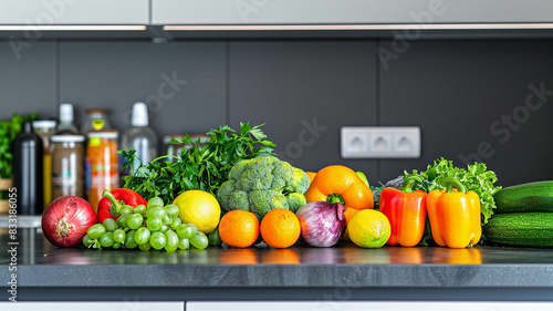 A modern kitchen scene with vibrant fruits and vegetables arranged neatly on the counter, emphasizing food safety practices, real photo, stock photography