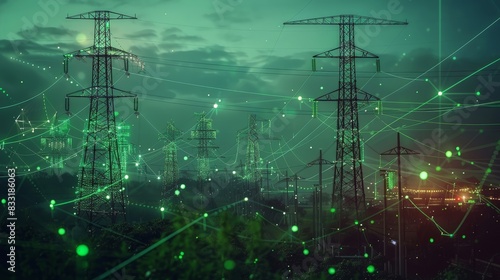 Futuristic energy infrastructure, green background, digital connections, smart grid technology
