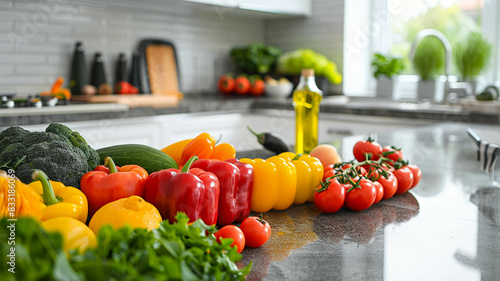 A modern kitchen scene with vibrant fruits and vegetables arranged neatly on the counter, emphasizing food safety practices, real photo, stock photography