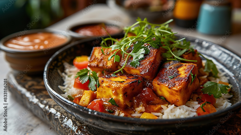 Bowl of Fresh Delicious Paneer Tikka Masala and White Rice Served On Table On Blur Background