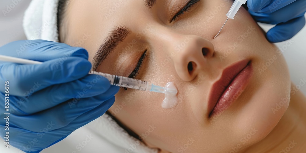 Beauty Concept, a close-up photo of the face and neck, shows an attractive woman receiving hyaluronic acid treatment at a beauty salon. The patient lay on a white table with his eyes closed. She wore Beauty Concept, a close-up photo of the face and neck, shows an attractive woman receiving hyaluronic acid treatment at a beauty salon. The patient lay on a white table with his eyes closed. She wore