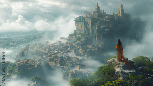 Monk standing on hill, watching ancient city view from above