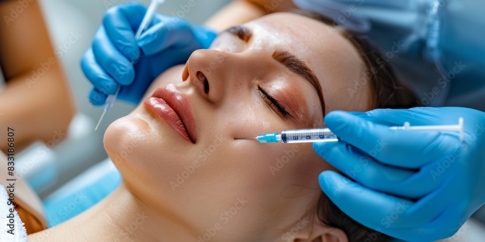Beauty Concept, a close-up photo of the face and neck, shows an attractive woman receiving hyaluronic acid treatment at a beauty salon. The patient lay on a white table with his eyes closed. She wore Beauty Concept, a close-up photo of the face and neck, shows an attractive woman receiving hyaluronic acid treatment at a beauty salon. The patient lay on a white table with his eyes closed. She wore